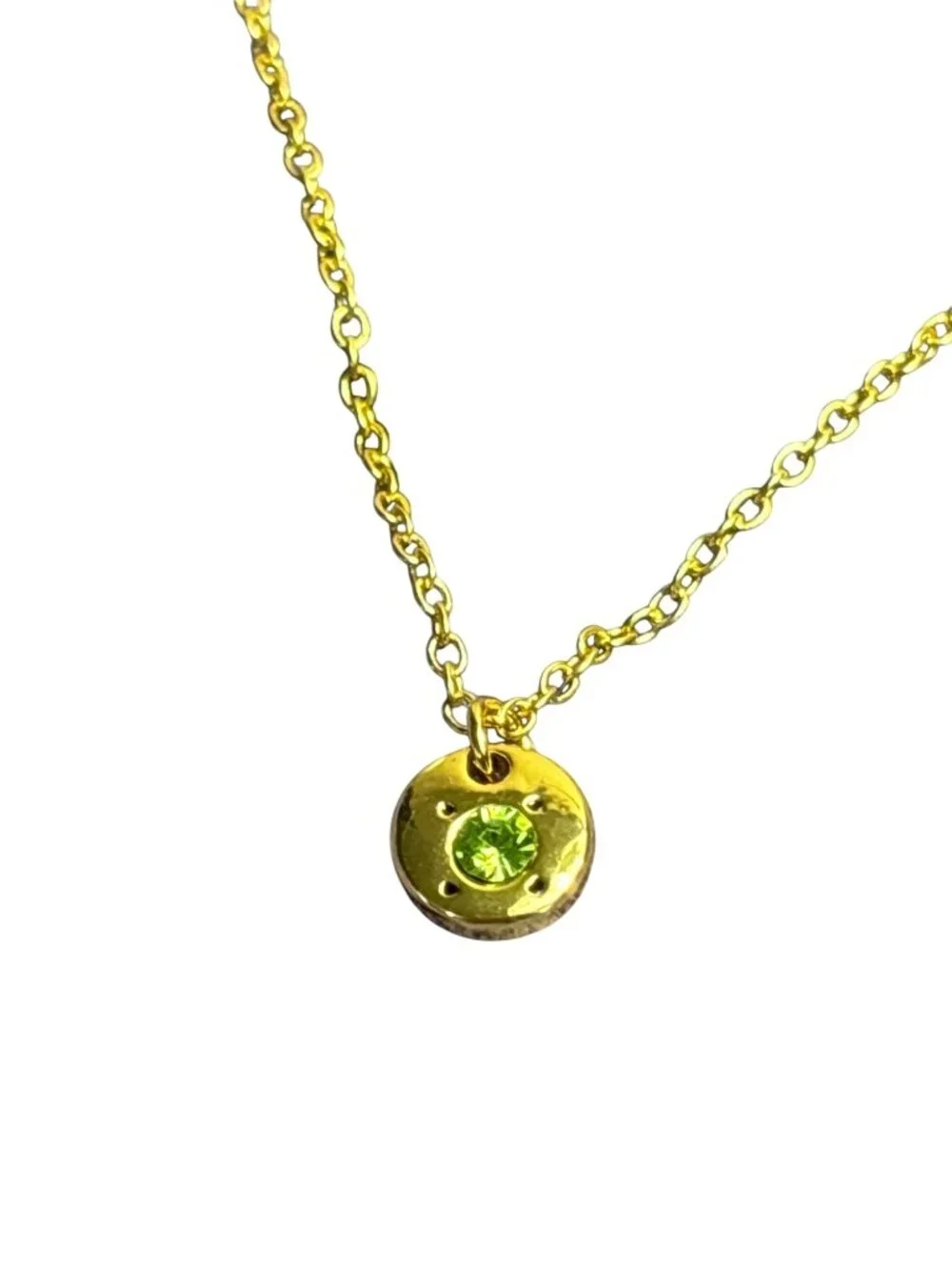 Goldtone Green Rhinestone Pendant Necklace Dainty Minimalist 15-17 inch Pendant
